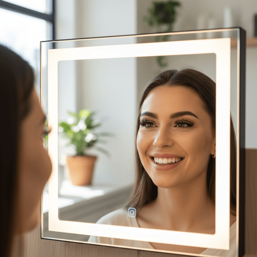 Cliente soddisfatta osserva le sue ciglia appena applicate