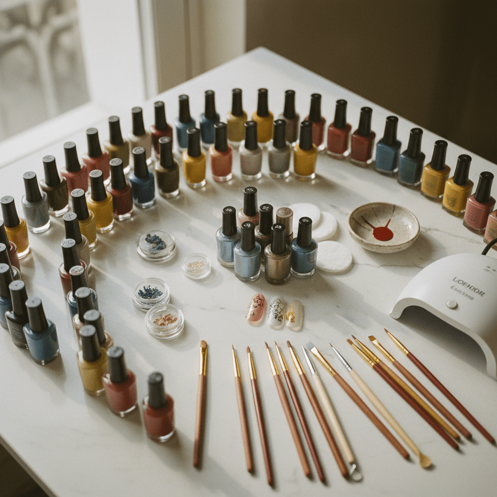 Stazione di lavoro per nail art con colori e strumenti professionali