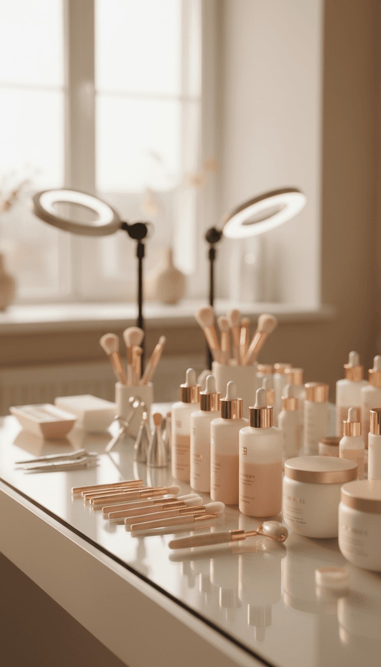 Spazio di lavoro professionale presso BLIZER BEAUTY con strumenti e prodotti di bellezza premium organizzati